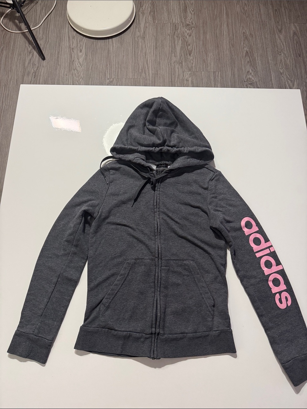 adidas Girl Kids Dark Gray Full-Zip Hoodie with Pink Sleeve Logo Sz S
